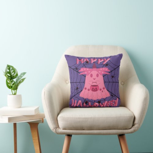 Coquette Pink Ghost Happy Halloween Digital Art Throw Pillow