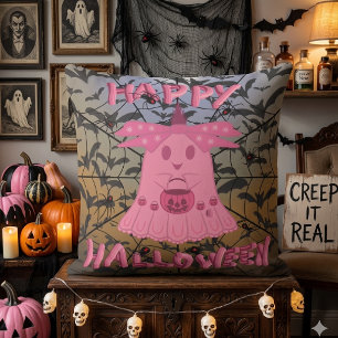 Coquette Pink Ghost Happy Halloween Digital Art Throw Pillow