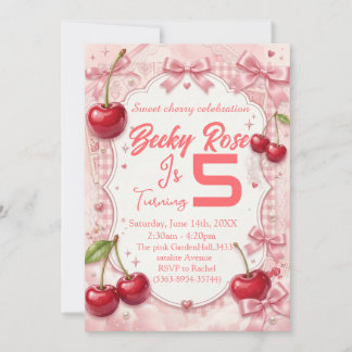 Coquette Pink Gingham Cherry birthday Invitation