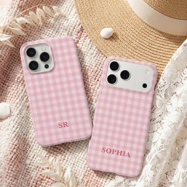 Coquette Pink Gingham Monogram Bridesmaid Initial iPhone Case (back to school case gift, bridal party gift, maid of honor case gift, mothers day case gift)