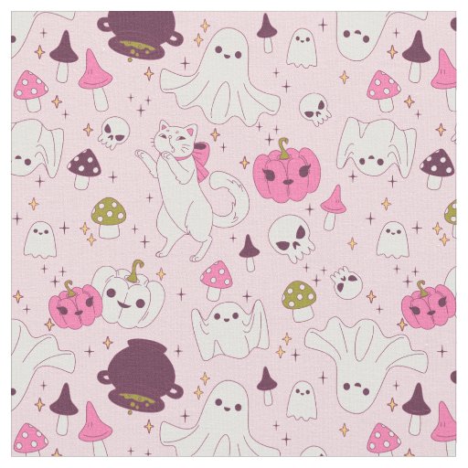 coquette pink halloween witch cat ghost skull  fabric