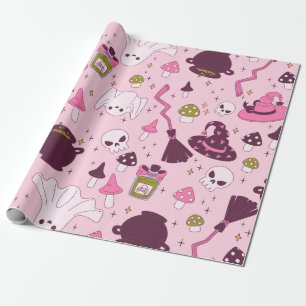 coquette pink halloween witch cauldron hat broom wrapping paper