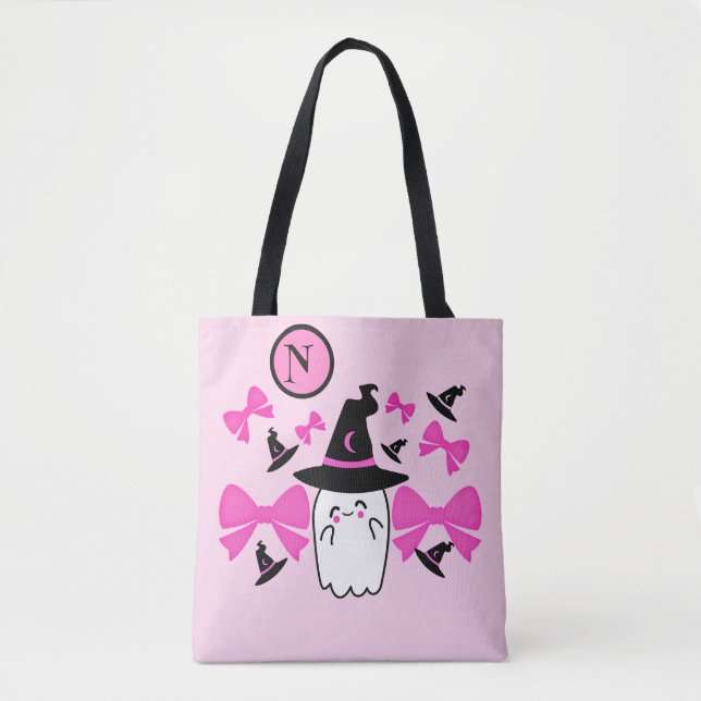 Coquette Pink Halloween Witchy Ghost Monogram  Tote Bag (Front)