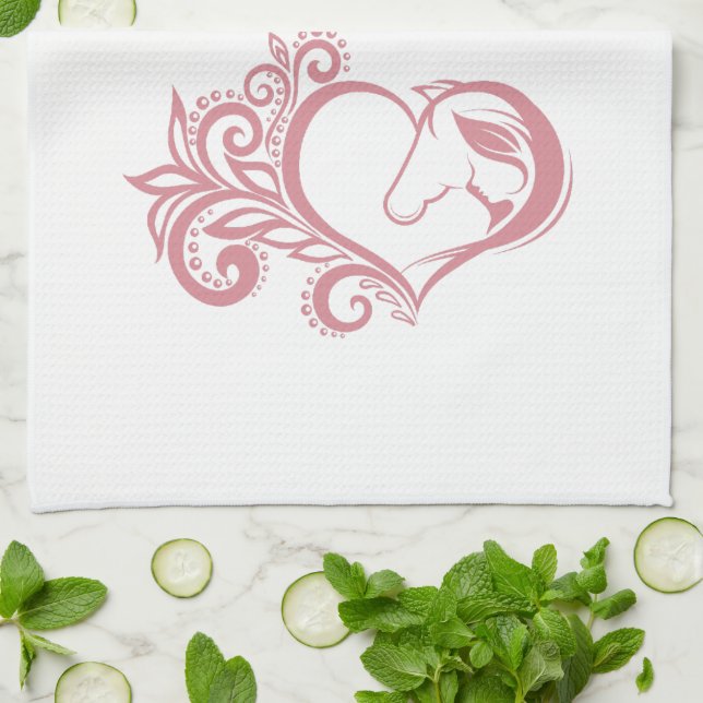 Coquette Pink Heart Horse Girl Feminine Elegant Kitchen Towel (Folded)