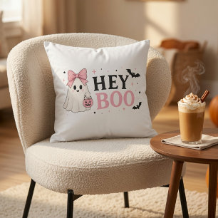 Coquette Pink Hey Boo Ghost Halloween Throw Pillow
