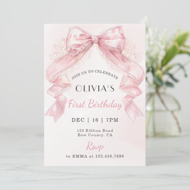 Coquette Pink Lace Bow Girl First Birthday Invitation (Standing Front)