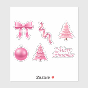 Coquette Pink Merry Christmas Bows and Trees Sticker