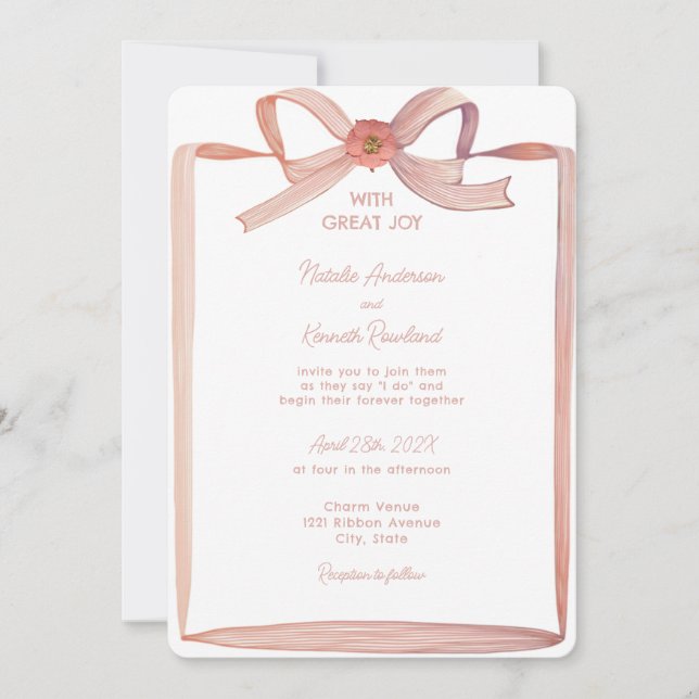 Coquette Pink Paper Ribbon Wedding Invitation (Front)