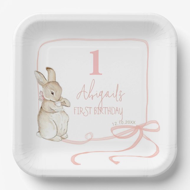 Coquette Pink Peter the Rabbit 1st Birthday  Paper Plates (Front)