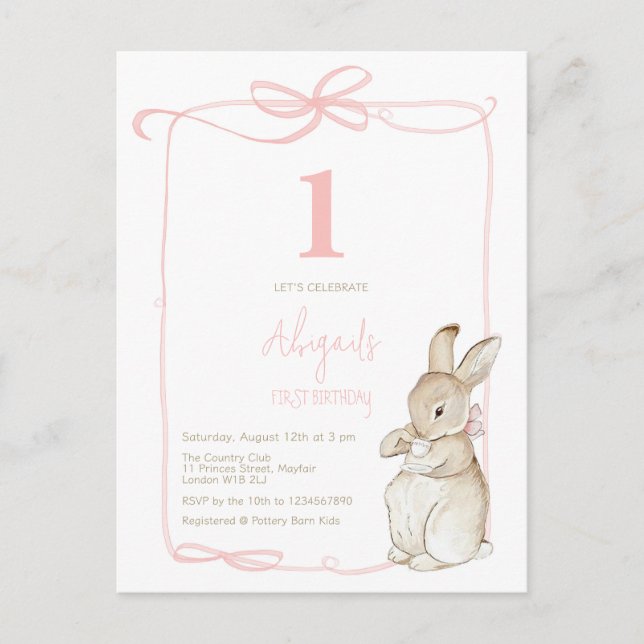 Coquette Pink  Rabbit Girl 1st Birthday Postcard (Front)