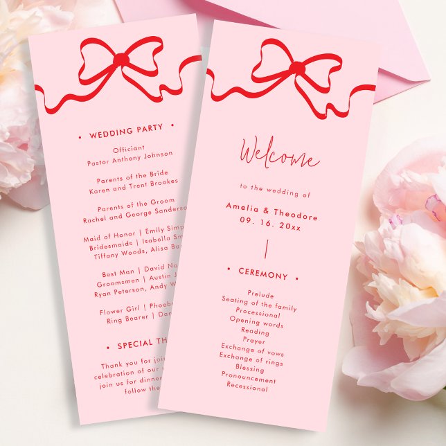 Coquette Pink Red Bow Wedding Program (Creator Uploaded)