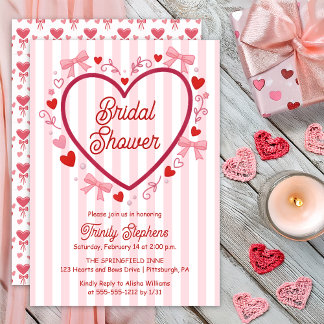 Coquette Pink | Red Hearts and Bows Bridal Shower Invitation