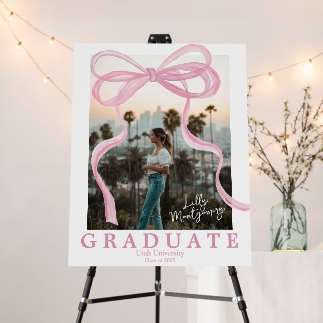 Coquette Pink Ribbon Photo Graduation Party Sign  (In Situ (Stand))