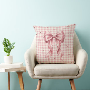 Coquette Pink Satin Bow & Cherries Gingham Throw Pillow