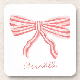 Coquette Pink Striped Bow Beverage Coaster
