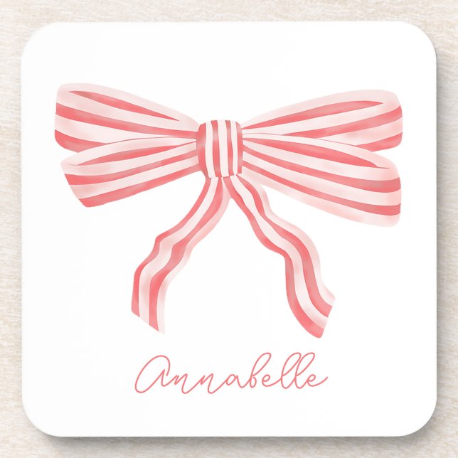 Coquette Pink Striped Bow Beverage Coaster (Front)