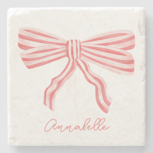Coquette Pink Striped Bow Stone Coaster