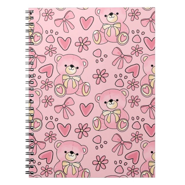  Coquette Pink Teddy Bear Seamless Pattern Notebook (Front)