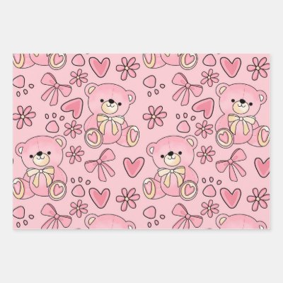 Coquette Pink Teddy Bear Seamless Pattern Wrapping Paper Sheets
