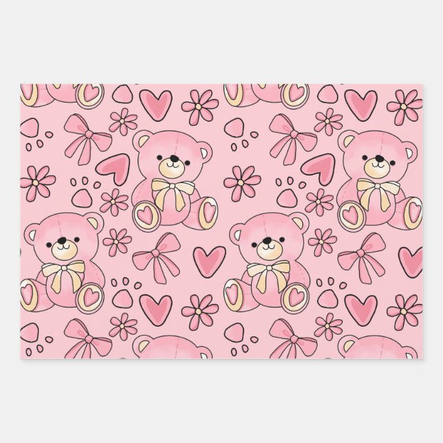 Coquette Pink Teddy Bear Seamless Pattern Wrapping Paper Sheets (Front)
