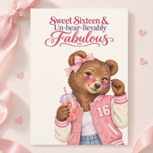 Coquette Pink Teddy Bear Sweet 16 Birthday Party Invitation