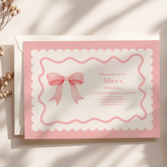 Coquette Pink Watercolor Bow 1st Birthday Invitation (Creator Uploaded)