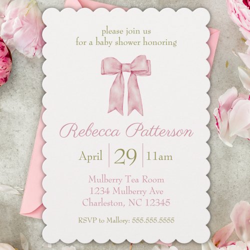 Coquette Pink Watercolor Bow Feminine Baby Shower Invitation