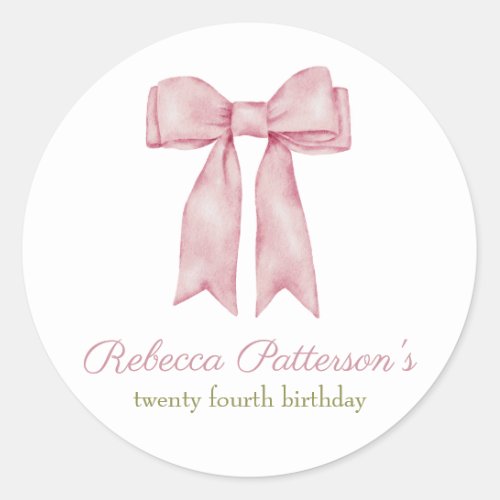 Coquette Pink Watercolor Bow Feminine Bday Party Classic Round Sticker