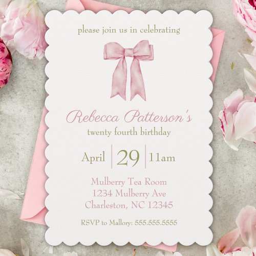 Coquette Pink Watercolor Bow Feminine Bday Party Invitation