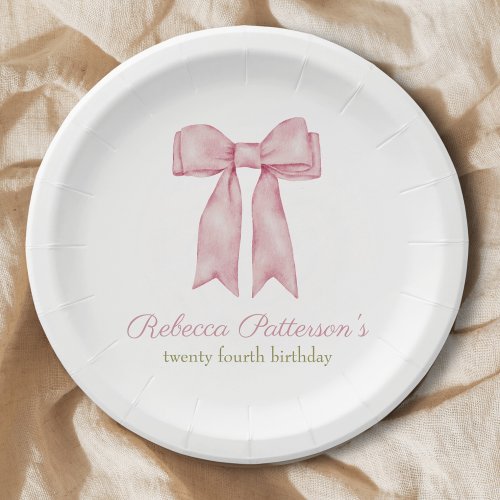 Coquette Pink Watercolor Bow Feminine Bday Party Paper Plates