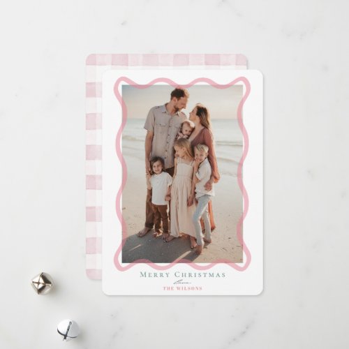 Coquette Pink Wavy Frame Photo Christmas Holiday Card