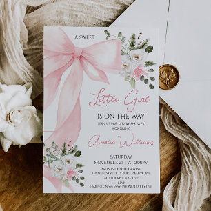 Coquette Pink Winter Floral Bow Baby Shower Invitation