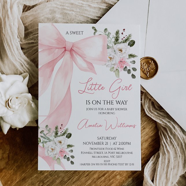 Coquette Pink Winter Floral Bow Baby Shower Invitation (Pink Bow Baby Shower Invitation Template, Coquette Baby Shower Invitation Baby Girl,  Pink Floral)