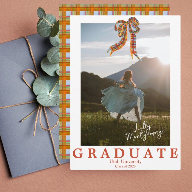 Coquette Plaid Bow Photo Graduation Announcement (Creator Uploaded)