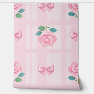 Coquette Plaid Ribbon and Rose Pink Wallpaper
