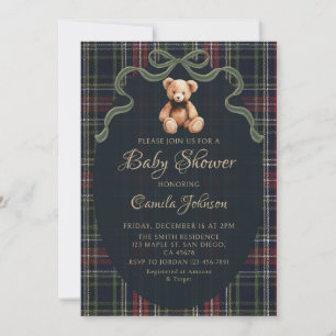 Coquette Plaid Teddy Bear Baby Shower Invitation