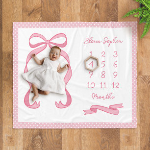 Coquette Polka Dot Pink Bow Baby Girl Milestone Fleece Blanket