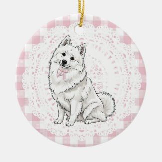 Coquette Pomeranian Dog Pink Gingham Bows Ceramic Ornament