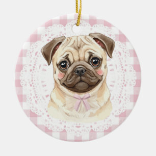 Coquette Pug Dog Pink Gingham Bows Ceramic Ornament