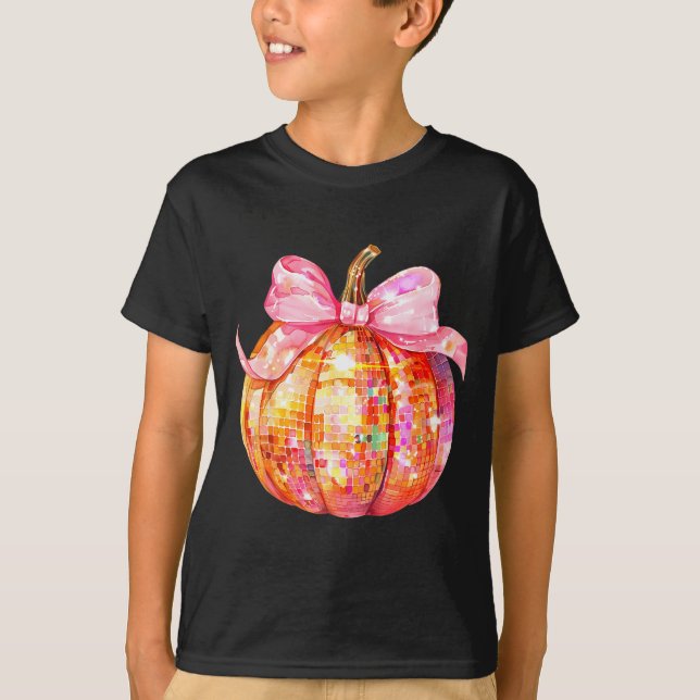 Coquette Pumpkin Bow Disco Ball Cute Girly Hallowe T-Shirt (Front)
