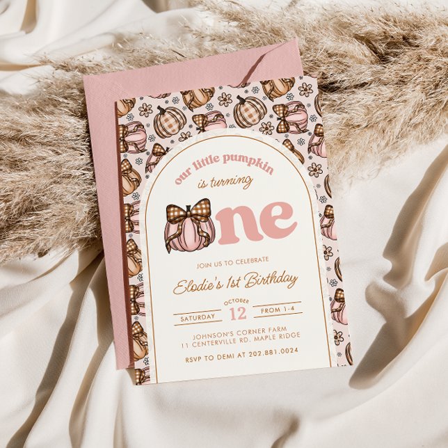 Coquette Pumpkin Gingham Fall Floral 1st Birthday Invitation (Creator Uploaded)