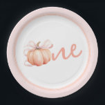 Coquette Pumpkin Paper Plate<br><div class="desc">This elegant and charming first birthday paper plate features a beautiful watercolor illustration of a pumpkin with a delicate pink ribbon,  perfect for celebrating the 1st milestone of your little one.</div>