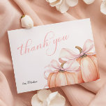 Coquette Pumpkin Pink Bow Baby Shower Thank You Card<br><div class="desc">This elegant and charming baby shower thank you card features a beautiful watercolor illustration of a pumpkin with a delicate pink ribbon,  perfect for celebrating the upcoming arrival of a little one in the fall season.</div>