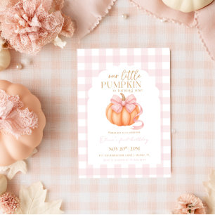 Coquette Pumpkin Pink Bow Gingham Girl Birthday Invitation