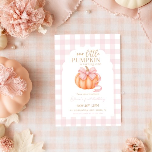 Coquette Pumpkin Pink Bow Gingham Girl Birthday Invitation