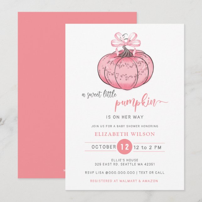 Coquette Pumpkin Pink Bow Girl Baby Shower Invitation (Front/Back)