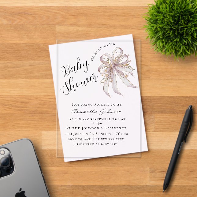 Coquette purple bow baby shower  acrylic invitations (Insitu (Invitation Card))