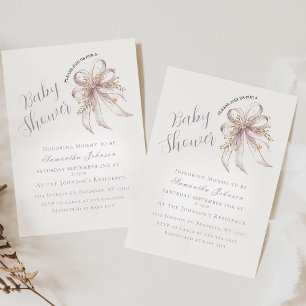Coquette purple bow baby shower invitation