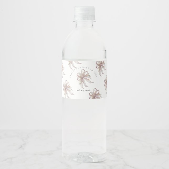 Coquette purple bow baby shower water bottle label (Front)