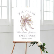 Coquette purple bow baby shower welcome sign 